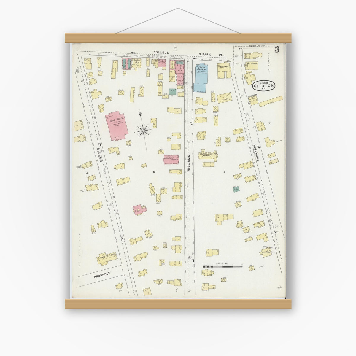 Old map wall art mockup — magnetic wood frame on white wall — Sanborn Fire Insurance Map from Clinton, Oneida County, New York (1895), Sheet #0003