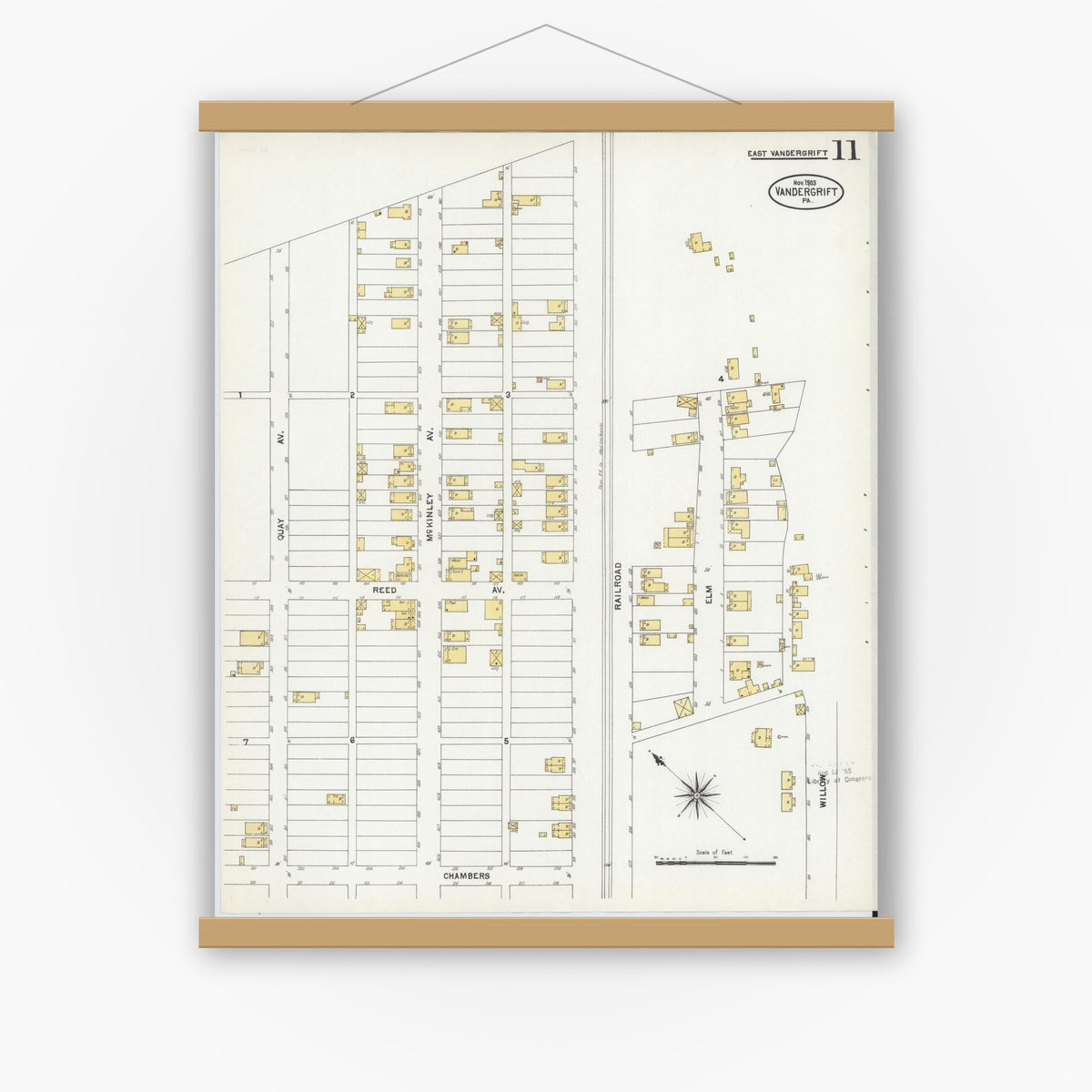 Old map wall art mockup — magnetic wood frame on white wall — Sanborn Fire Insurance Map from Vandergrift, Westmoreland County, Pennsylvania (1903), Sheet #0011