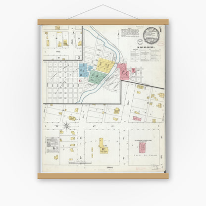 Old map wall art mockup — magnetic wood frame on white wall — Sanborn Fire Insurance Map from Granite Falls, Yellow Medicine And Chippewa Counties, Minnesota (1899) - Complete Map Set