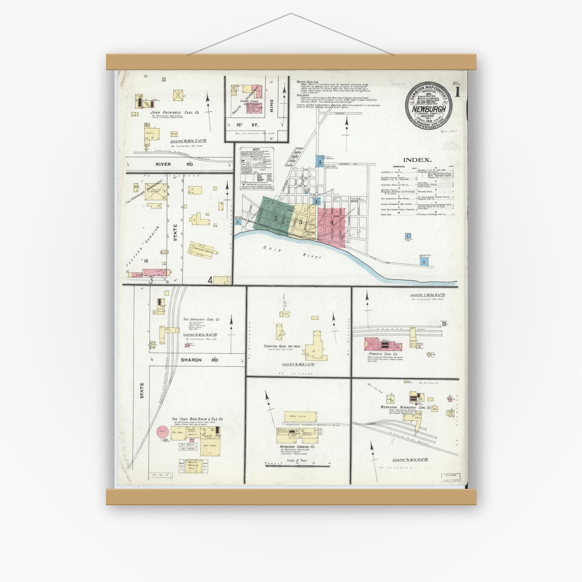 Old map wall art mockup — magnetic wood frame on white wall — Sanborn Fire Insurance Map from Newburgh, Warrick County, Indiana (1910), Sheet #0001