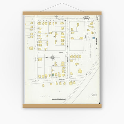 Old map wall art mockup — magnetic wood frame on white wall — Sanborn Fire Insurance Map from Dover, Morris County, New Jersey (1900), Sheet #0002