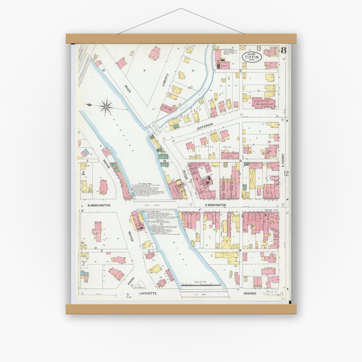 Old map wall art mockup — magnetic wood frame on white wall — Sanborn Fire Insurance Map from Tiffin, Seneca County, Ohio (1901), Sheet #0008