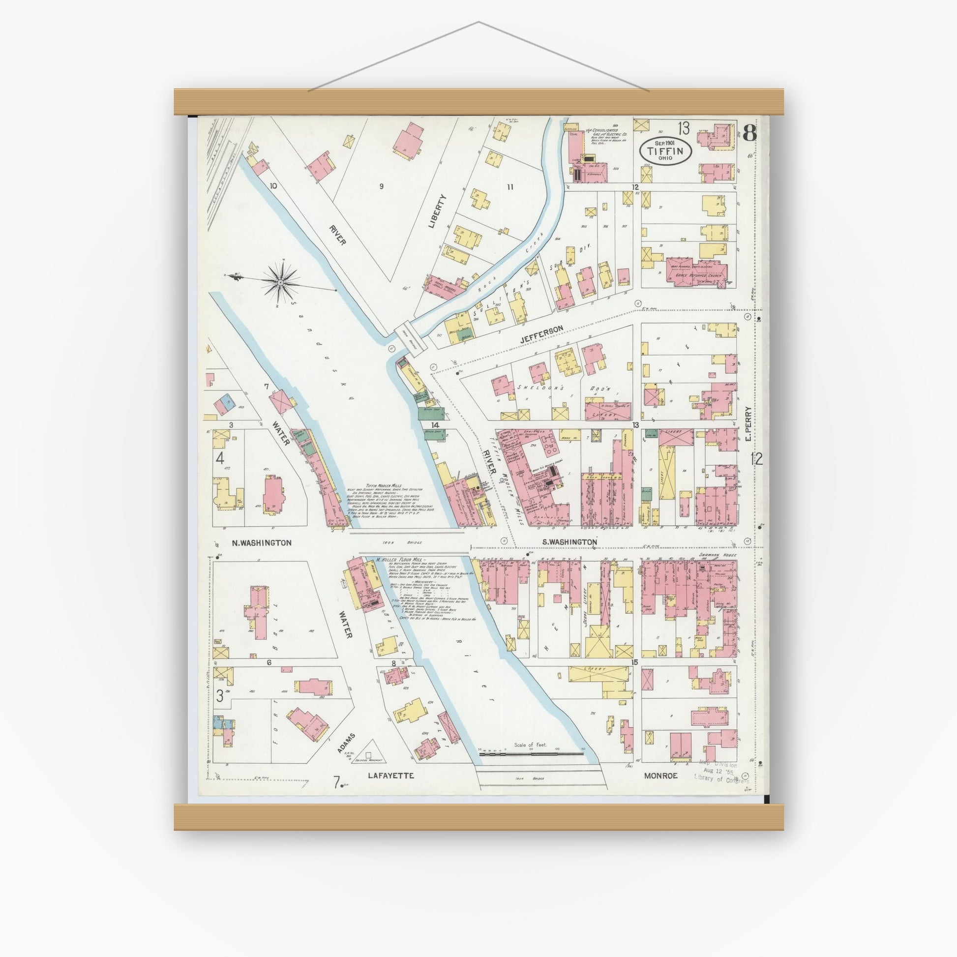 Old map wall art mockup — magnetic wood frame on white wall — Sanborn Fire Insurance Map from Tiffin, Seneca County, Ohio (1901), Sheet #0008