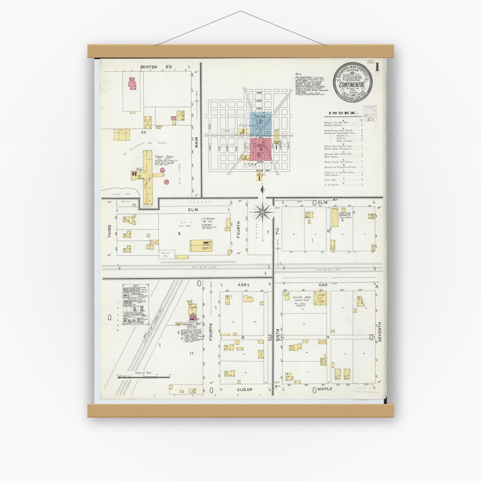 Old map wall art mockup — magnetic wood frame on white wall — Sanborn Fire Insurance Map from Continental, Putnam County, Ohio (1901), Sheet #0001