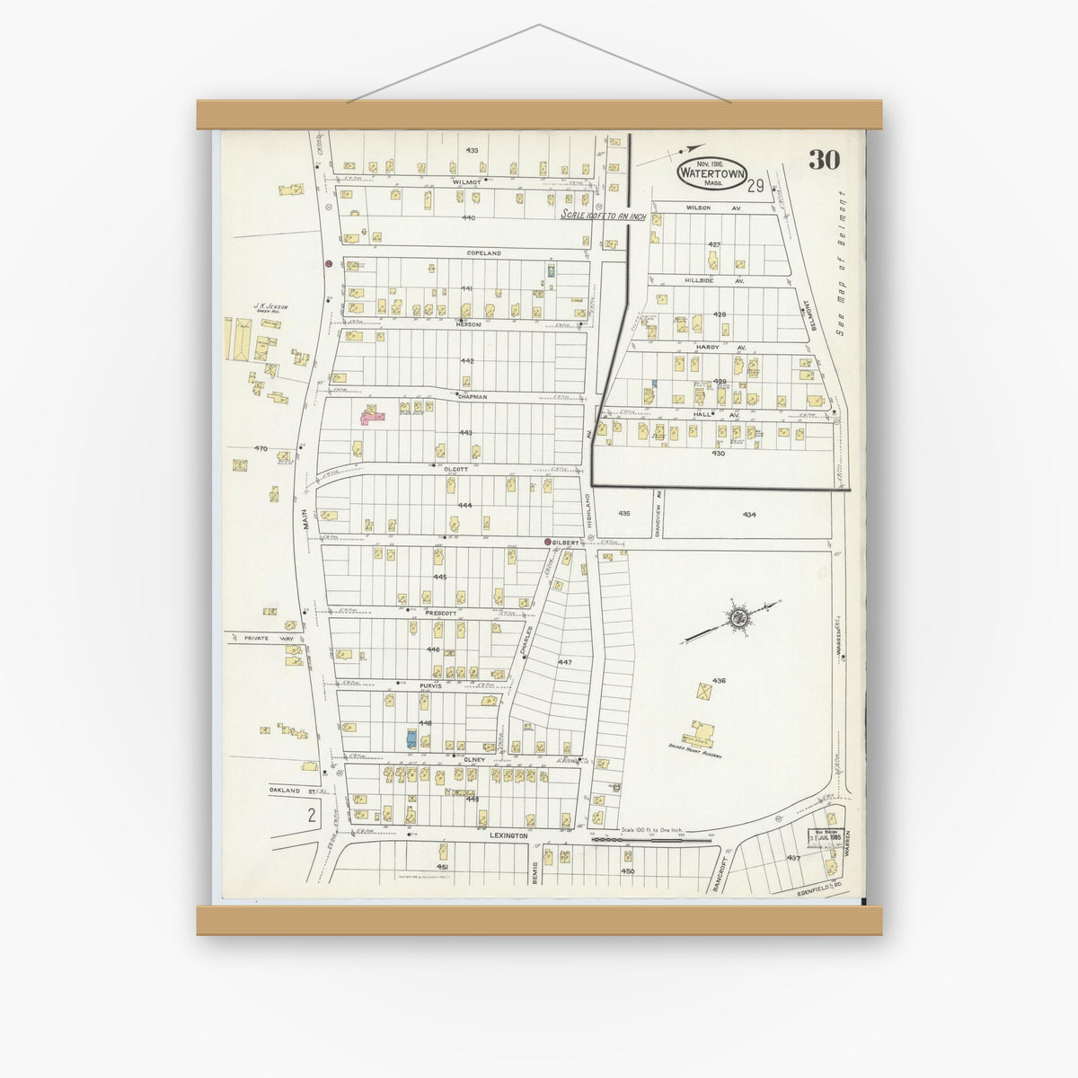 Old map wall art mockup — magnetic wood frame on white wall — Sanborn Fire Insurance Map from Watertown, Middlesex County, Massachusetts (1916), Sheet #0030