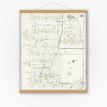 Old map wall art mockup — magnetic wood frame on white wall — Sanborn Fire Insurance Map from Watertown, Middlesex County, Massachusetts (1916), Sheet #0030