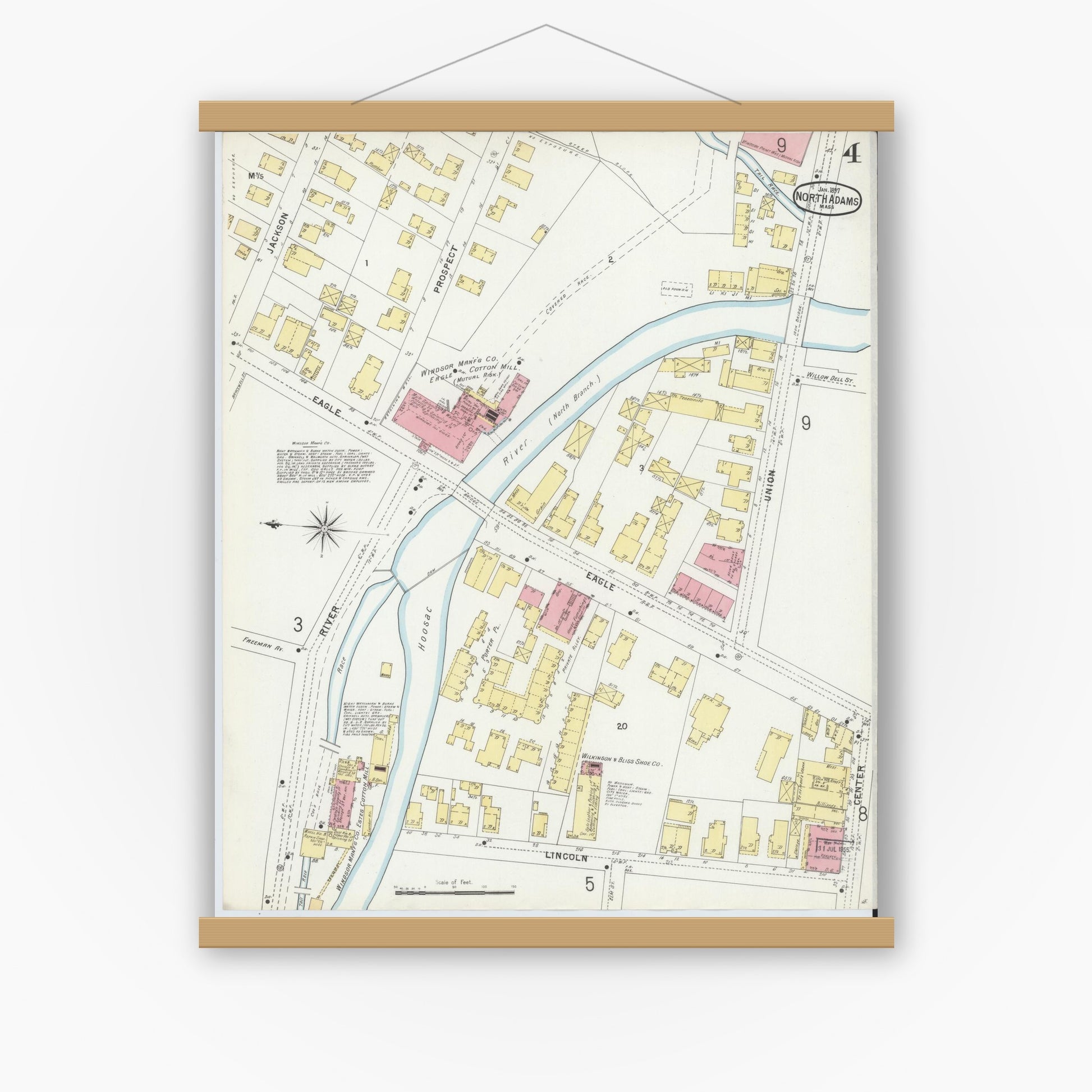 Old map wall art mockup — magnetic wood frame on white wall — Sanborn Fire Insurance Map from North Adams, Berkshire County, Massachusetts (1897), Sheet #0004