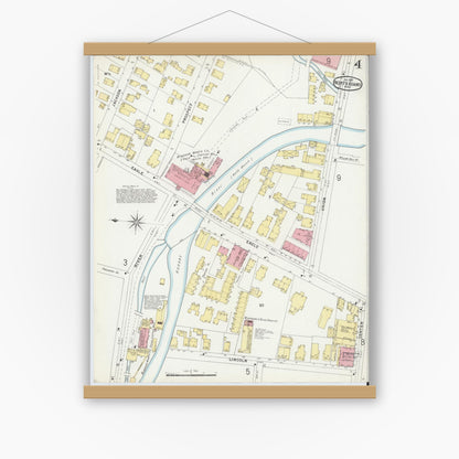 Old map wall art mockup — magnetic wood frame on white wall — Sanborn Fire Insurance Map from North Adams, Berkshire County, Massachusetts (1897), Sheet #0004