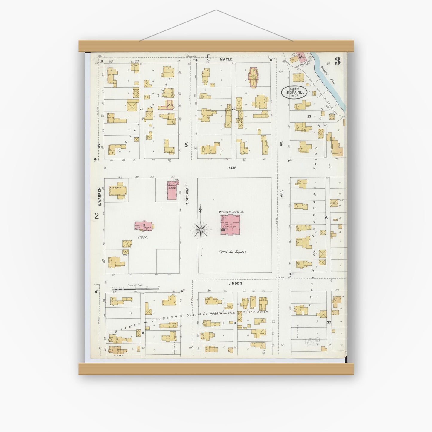 Old map wall art mockup — magnetic wood frame on white wall — Sanborn Fire Insurance Map from Big Rapids, Mecosta County, Michigan (1899), Sheet #0003