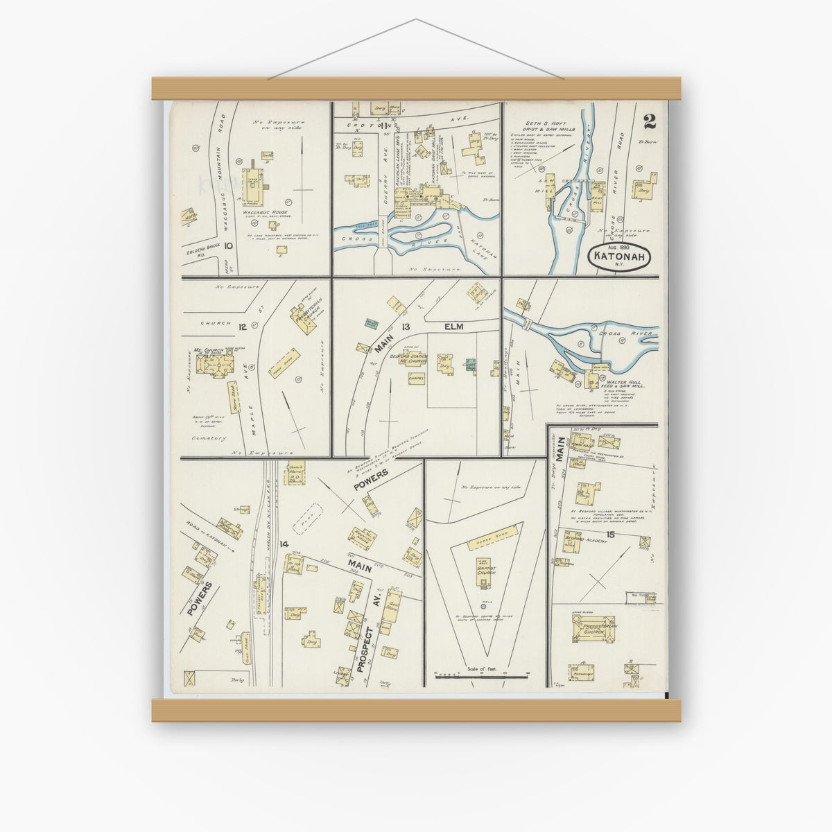 Old map wall art mockup — magnetic wood frame on white wall — Sanborn Fire Insurance Map from Katonah, Westchester County, New York (1890), Sheet #0002