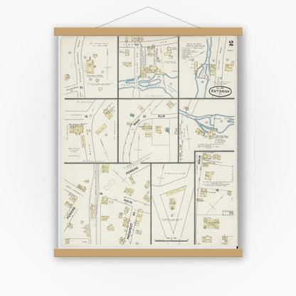 Old map wall art mockup — magnetic wood frame on white wall — Sanborn Fire Insurance Map from Katonah, Westchester County, New York (1890), Sheet #0002