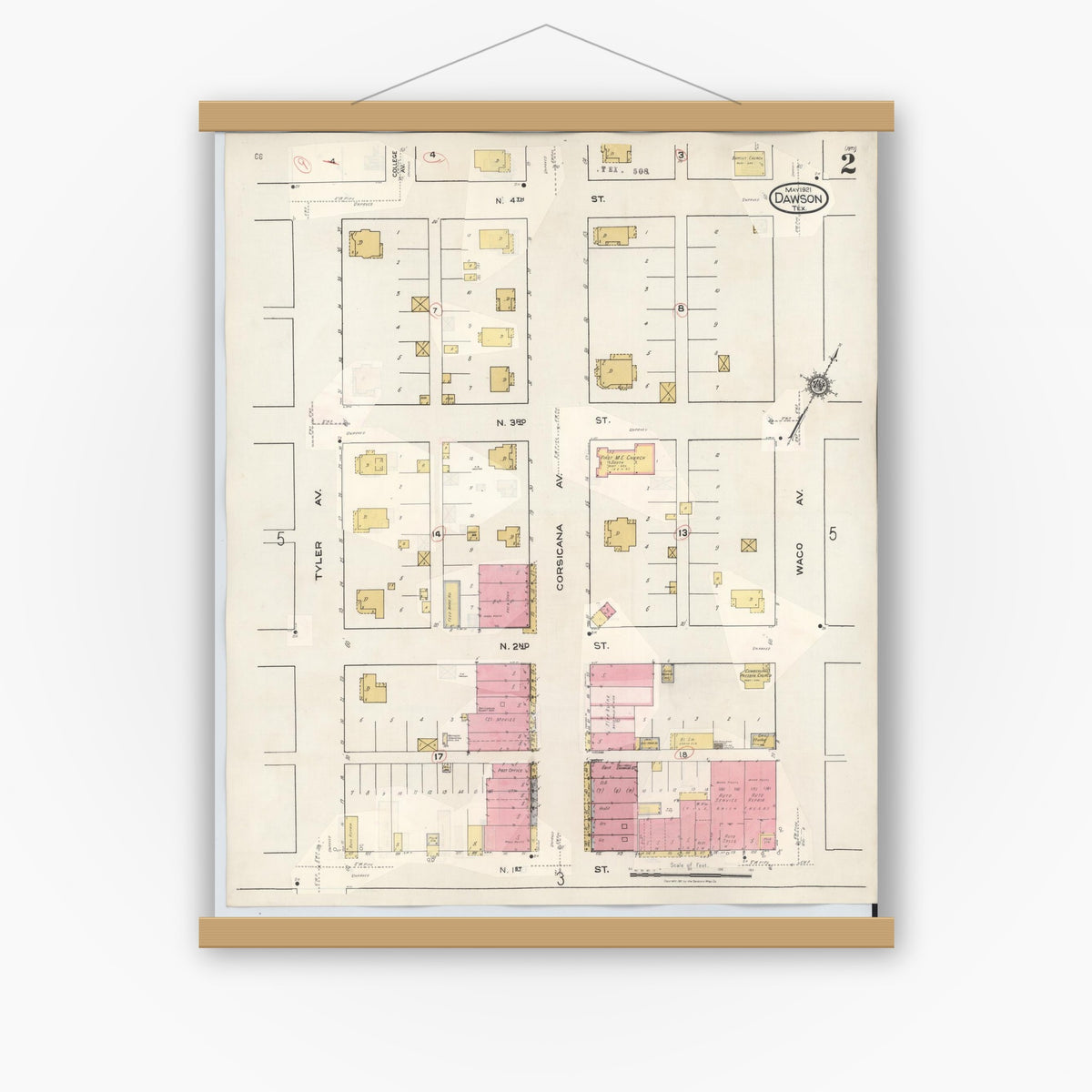 Old map wall art mockup — magnetic wood frame on white wall — Sanborn Fire Insurance Map from Dawson, Navarro County, Texas (1943), Sheet #0002