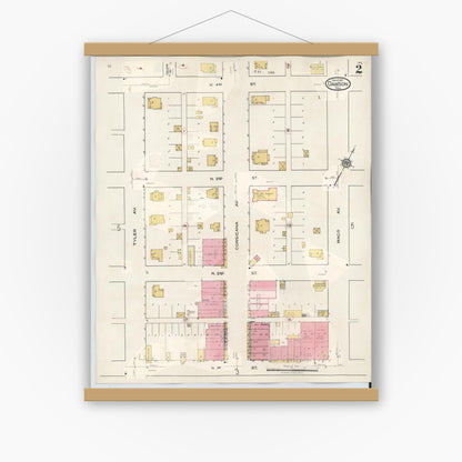 Old map wall art mockup — magnetic wood frame on white wall — Sanborn Fire Insurance Map from Dawson, Navarro County, Texas (1943), Sheet #0002