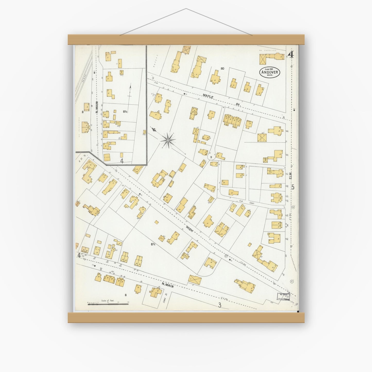 Old map wall art mockup — magnetic wood frame on white wall — Sanborn Fire Insurance Map from Andover, Essex County, Massachusetts (1901), Sheet #0004