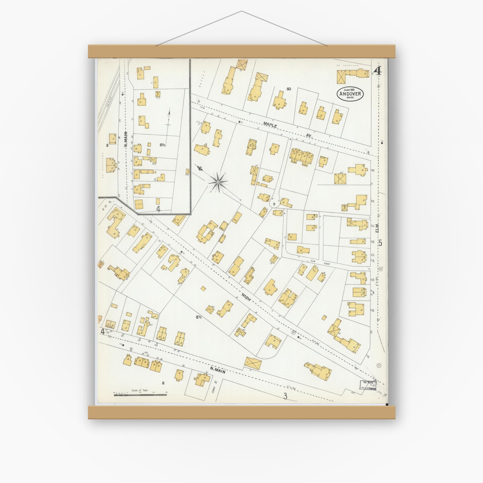 Old map wall art mockup — magnetic wood frame on white wall — Sanborn Fire Insurance Map from Andover, Essex County, Massachusetts (1901), Sheet #0004
