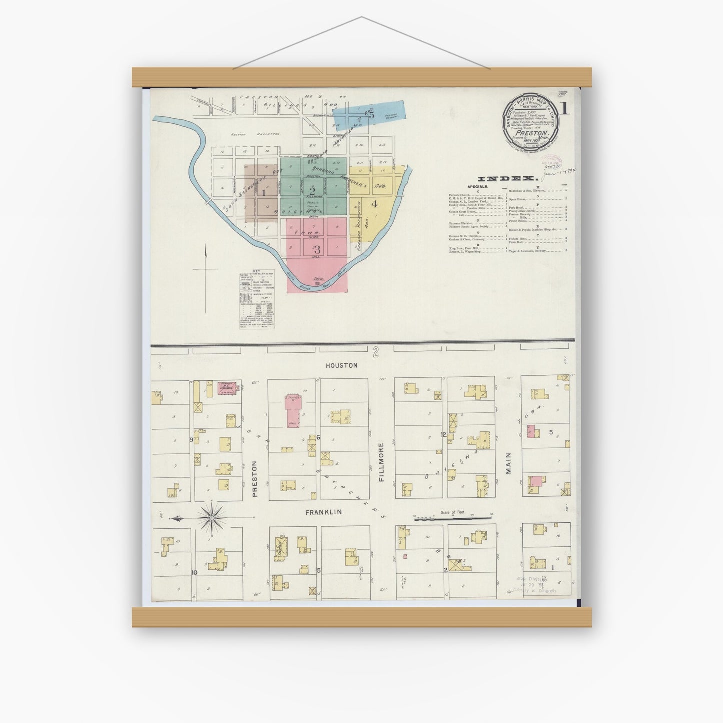 Old map wall art mockup — magnetic wood frame on white wall — Sanborn Fire Insurance Map from Preston, Fillmore County, Minnesota (1894), Sheet #0001