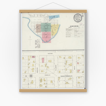 Old map wall art mockup — magnetic wood frame on white wall — Sanborn Fire Insurance Map from Preston, Fillmore County, Minnesota (1894), Sheet #0001