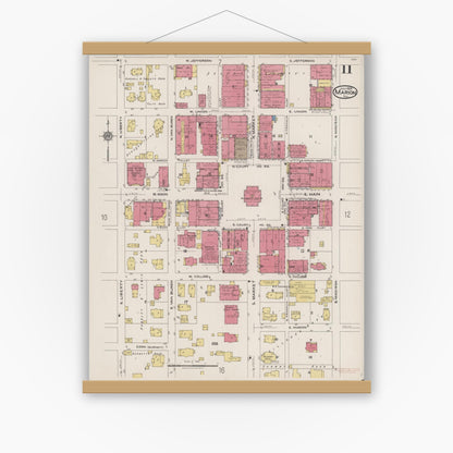 Old map wall art mockup — magnetic wood frame on white wall — Sanborn Fire Insurance Map from Marion, Williamson County, Illinois (1922), Sheet #0011