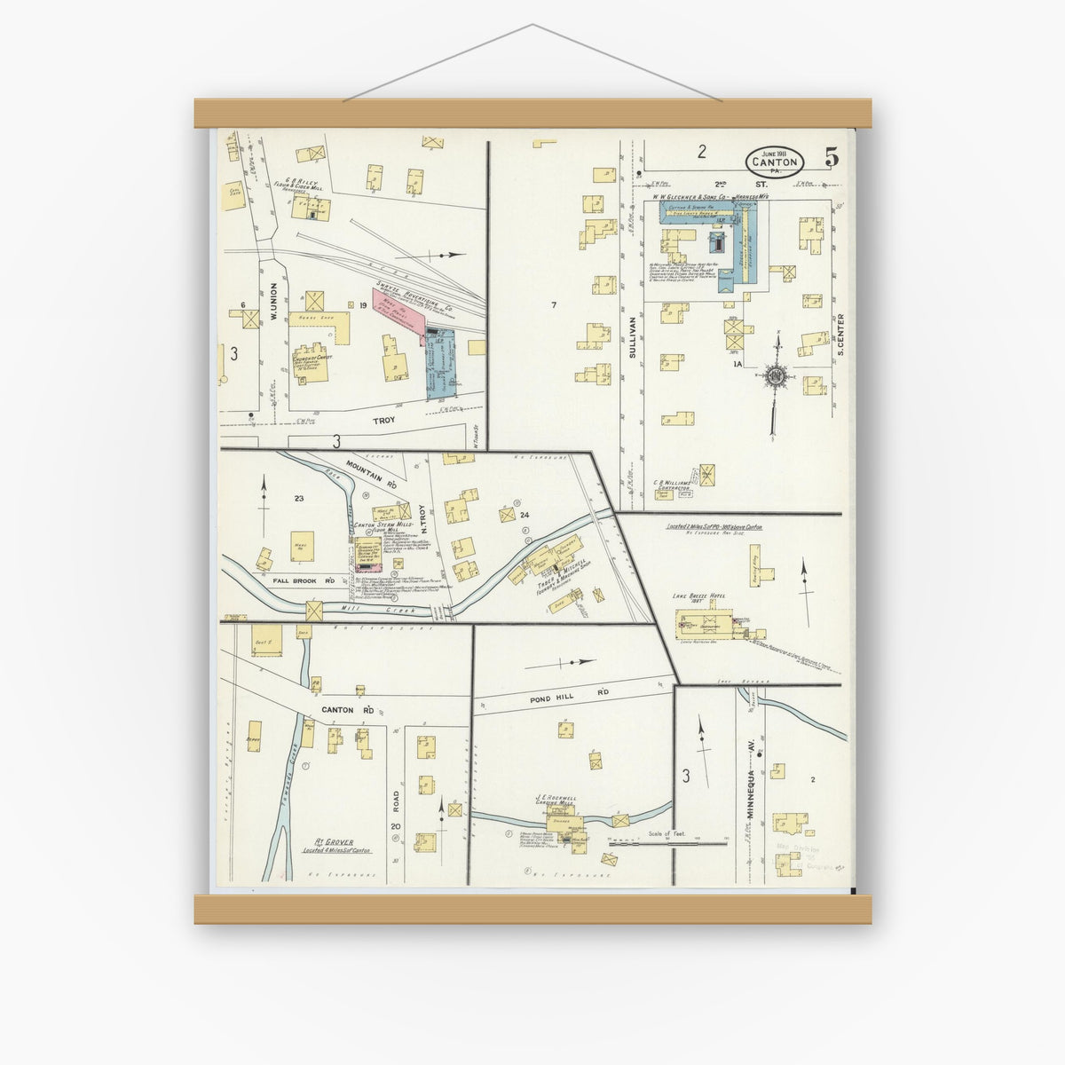 Old map wall art mockup — magnetic wood frame on white wall — Sanborn Fire Insurance Map from Canton, Bradford County, Pennsylvania (1911), Sheet #0005