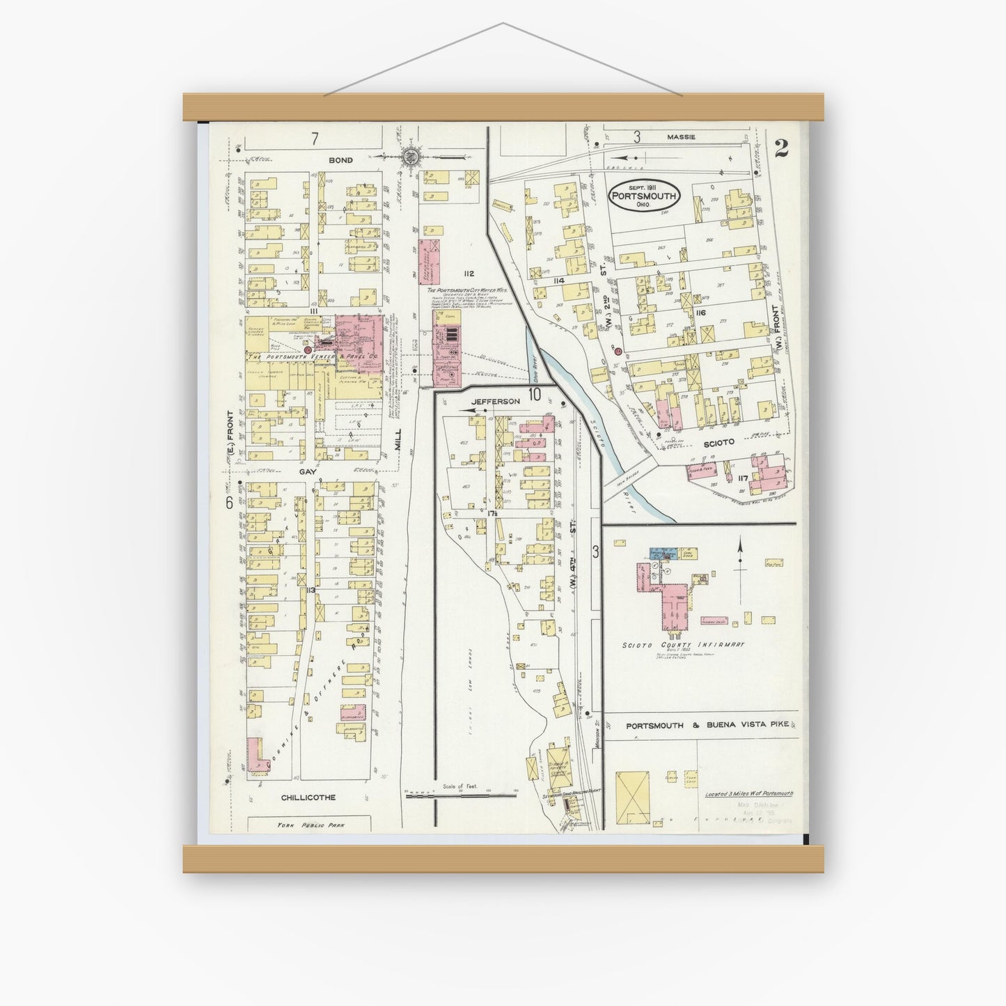 Old map wall art mockup — magnetic wood frame on white wall — Sanborn Fire Insurance Map from Portsmouth, Scioto County, Ohio (1911), Sheet #0002