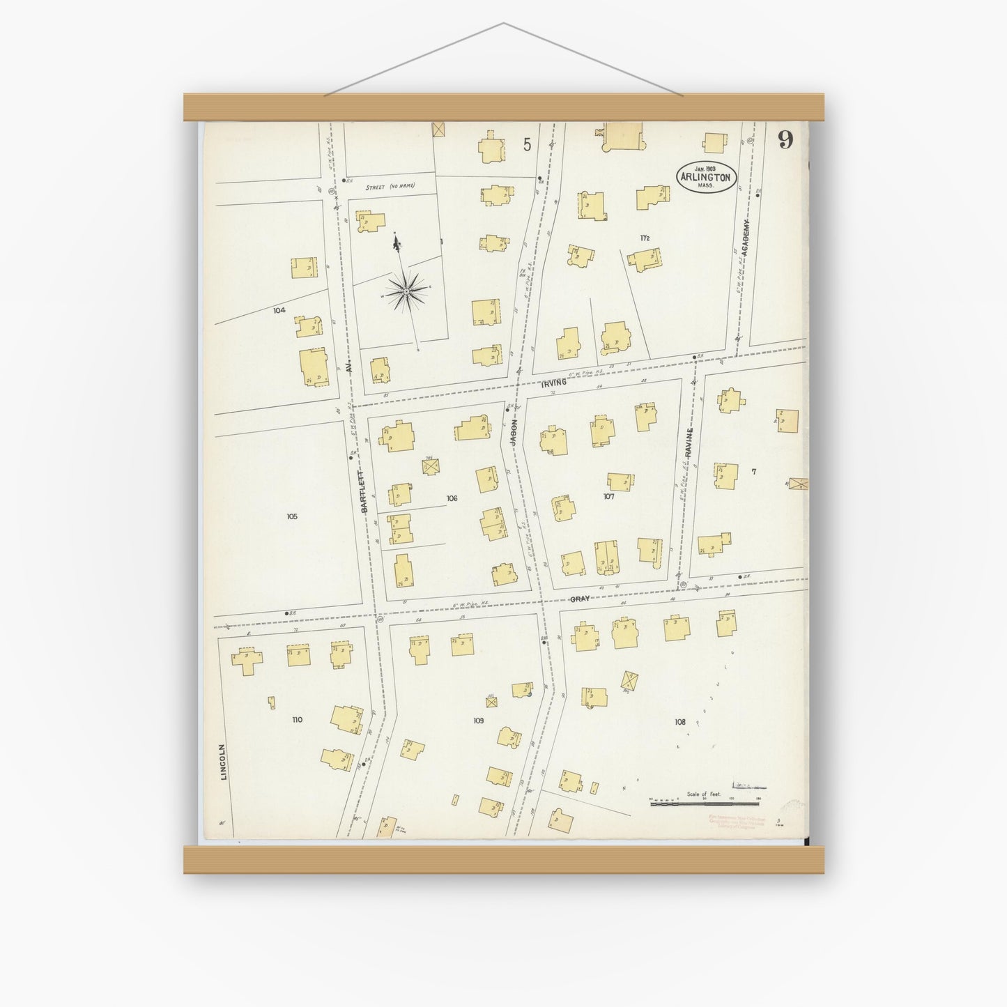 Old map wall art mockup — magnetic wood frame on white wall — Sanborn Fire Insurance Map from Arlington, Middlesex County, Massachusetts (1903), Sheet #0009
