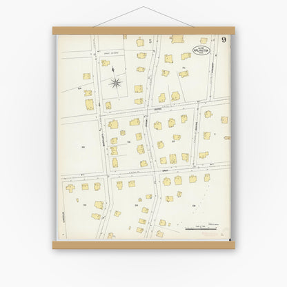 Old map wall art mockup — magnetic wood frame on white wall — Sanborn Fire Insurance Map from Arlington, Middlesex County, Massachusetts (1903), Sheet #0009