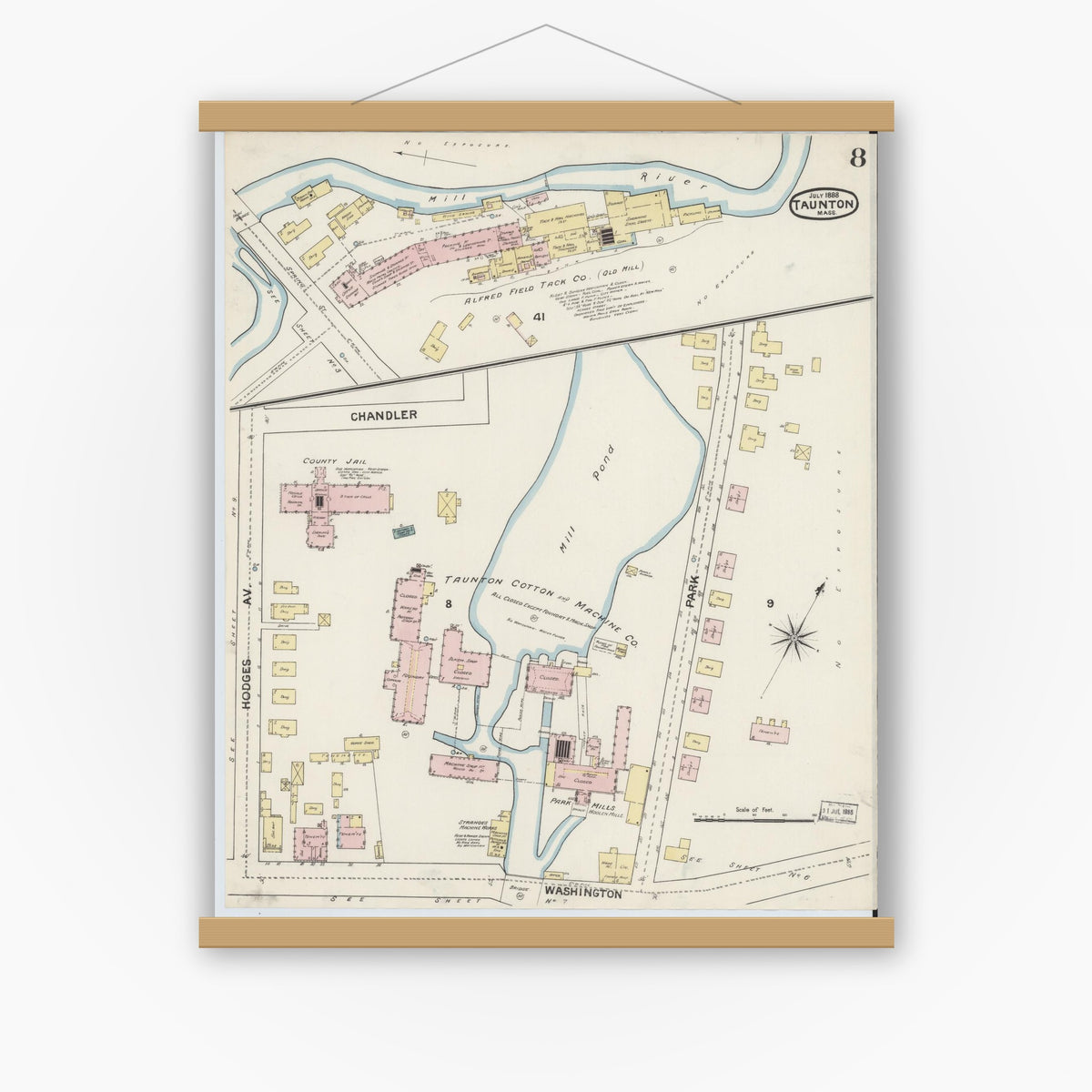 Old map wall art mockup — magnetic wood frame on white wall — Sanborn Fire Insurance Map from Taunton, Bristol County, Massachusetts (1888), Sheet #0008