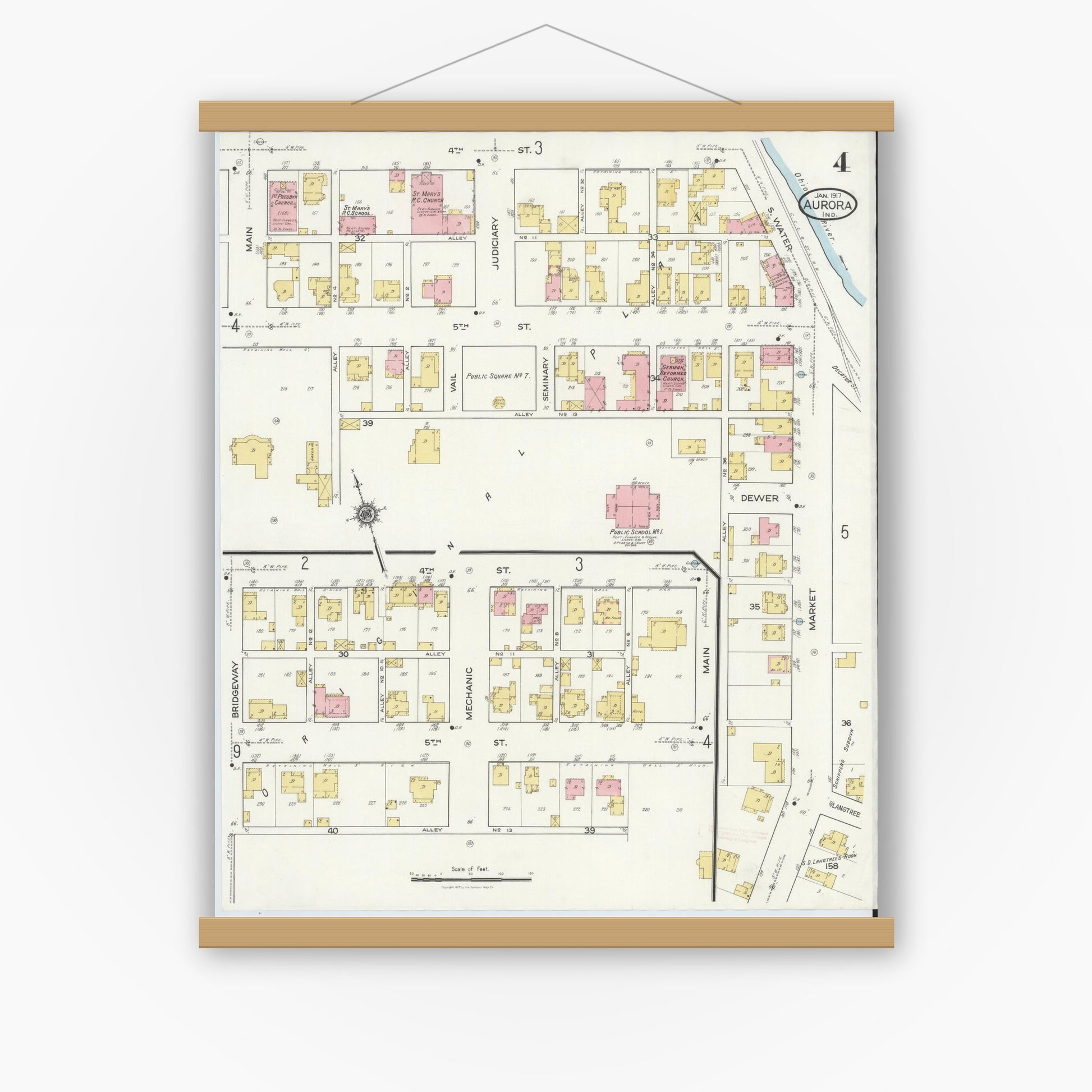 Old map wall art mockup — magnetic wood frame on white wall — Sanborn Fire Insurance Map from Aurora, Dearborn County, Indiana (1917), Sheet #0004