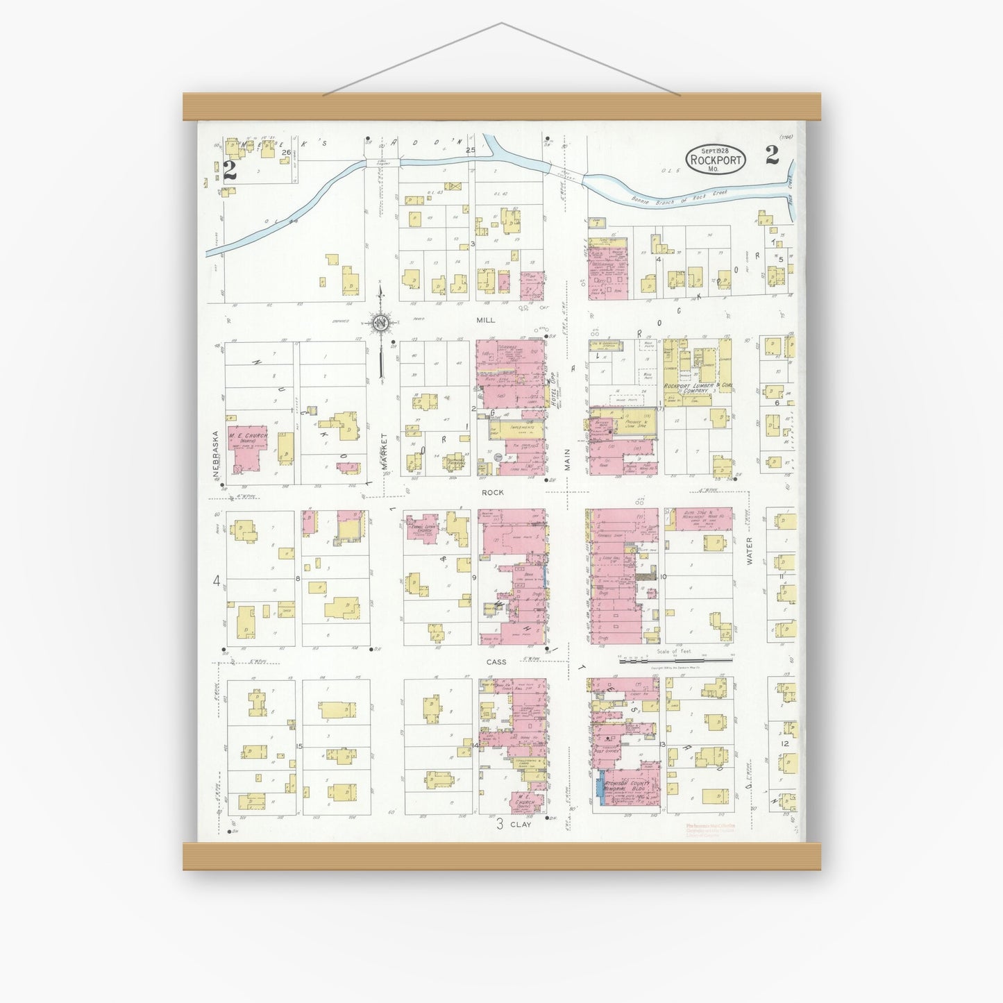 Old map wall art mockup — magnetic wood frame on white wall — Sanborn Fire Insurance Map from Rockport, Atchison County, Missouri (1928), Sheet #0002