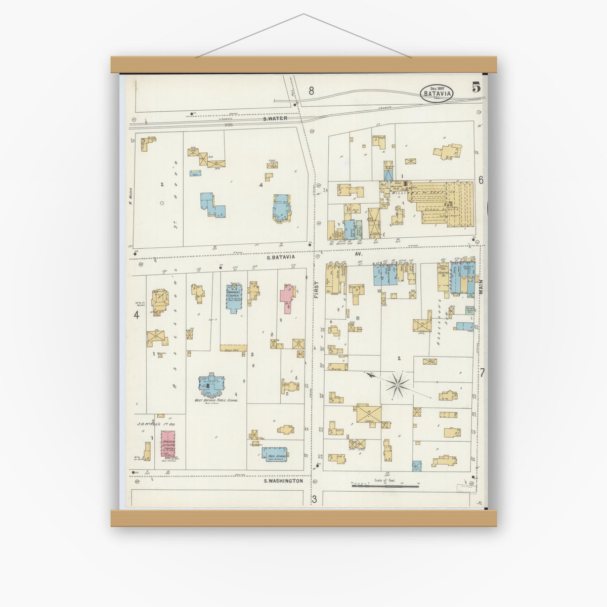 Old map wall art mockup — magnetic wood frame on white wall — Sanborn Fire Insurance Map from Batavia, Kane County, Illinois (1897), Sheet #0005
