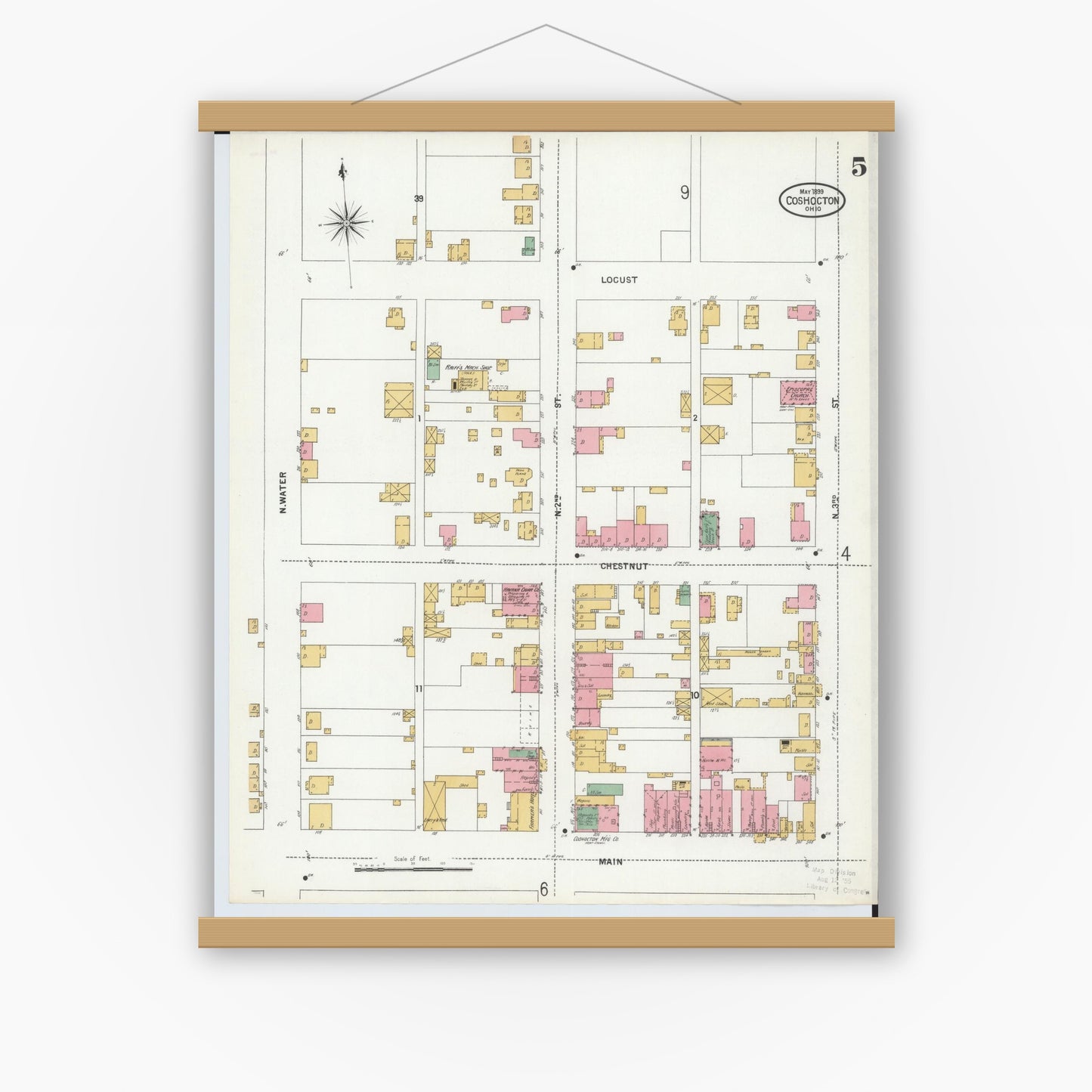 Old map wall art mockup — magnetic wood frame on white wall — Sanborn Fire Insurance Map from Coshocton, Coshocton County, Ohio (1899), Sheet #0005