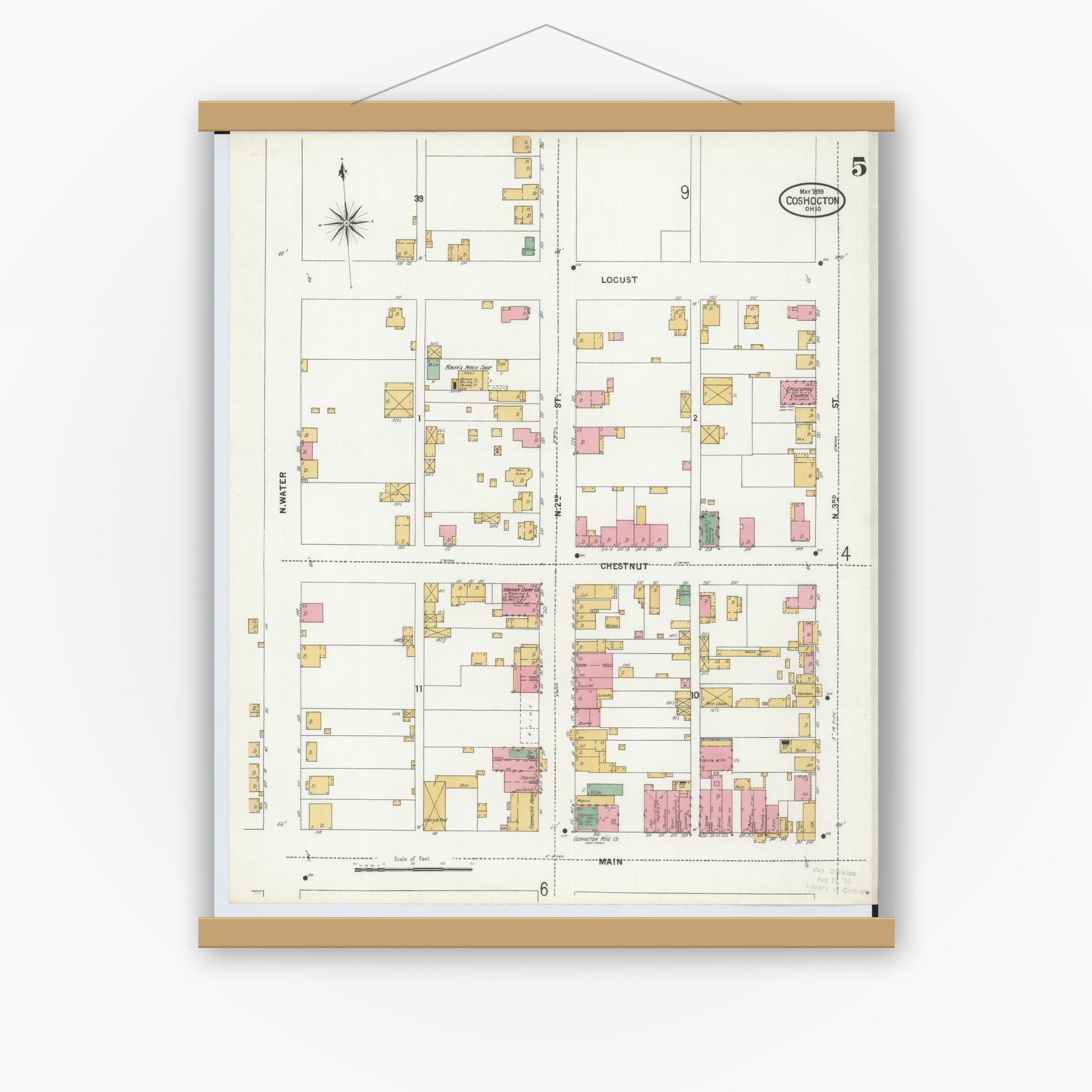 Old map wall art mockup — magnetic wood frame on white wall — Sanborn Fire Insurance Map from Coshocton, Coshocton County, Ohio (1899), Sheet #0005