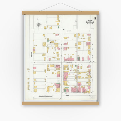 Old map wall art mockup — magnetic wood frame on white wall — Sanborn Fire Insurance Map from Coshocton, Coshocton County, Ohio (1899), Sheet #0005
