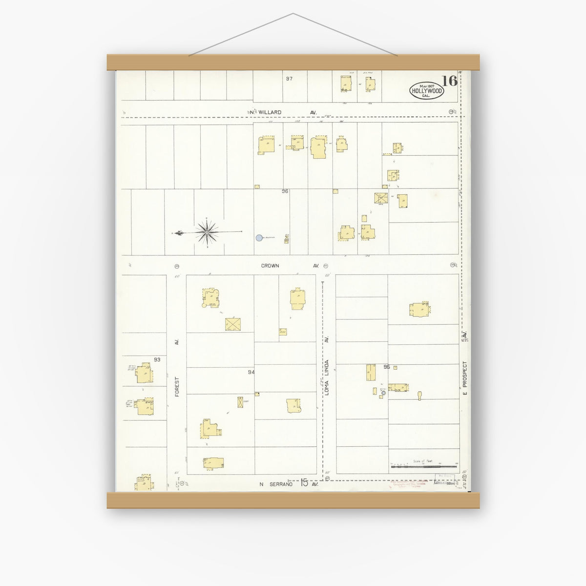 Old map wall art mockup — magnetic wood frame on white wall — Sanborn Fire Insurance Map from Hollywood, Los Angeles County, California (1907), Sheet #0016