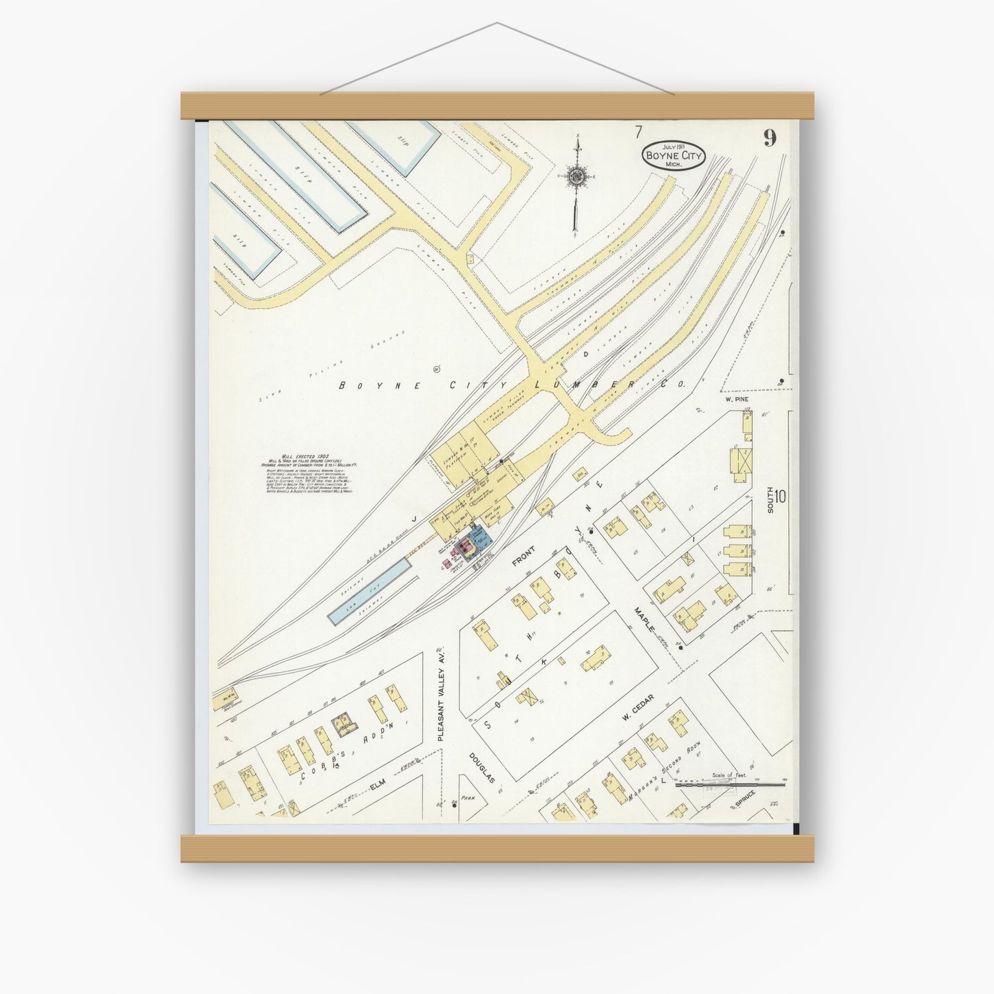 Old map wall art mockup — magnetic wood frame on white wall — Sanborn Fire Insurance Map from Boyne City, Charlevoix County, Michigan (1911), Sheet #0009