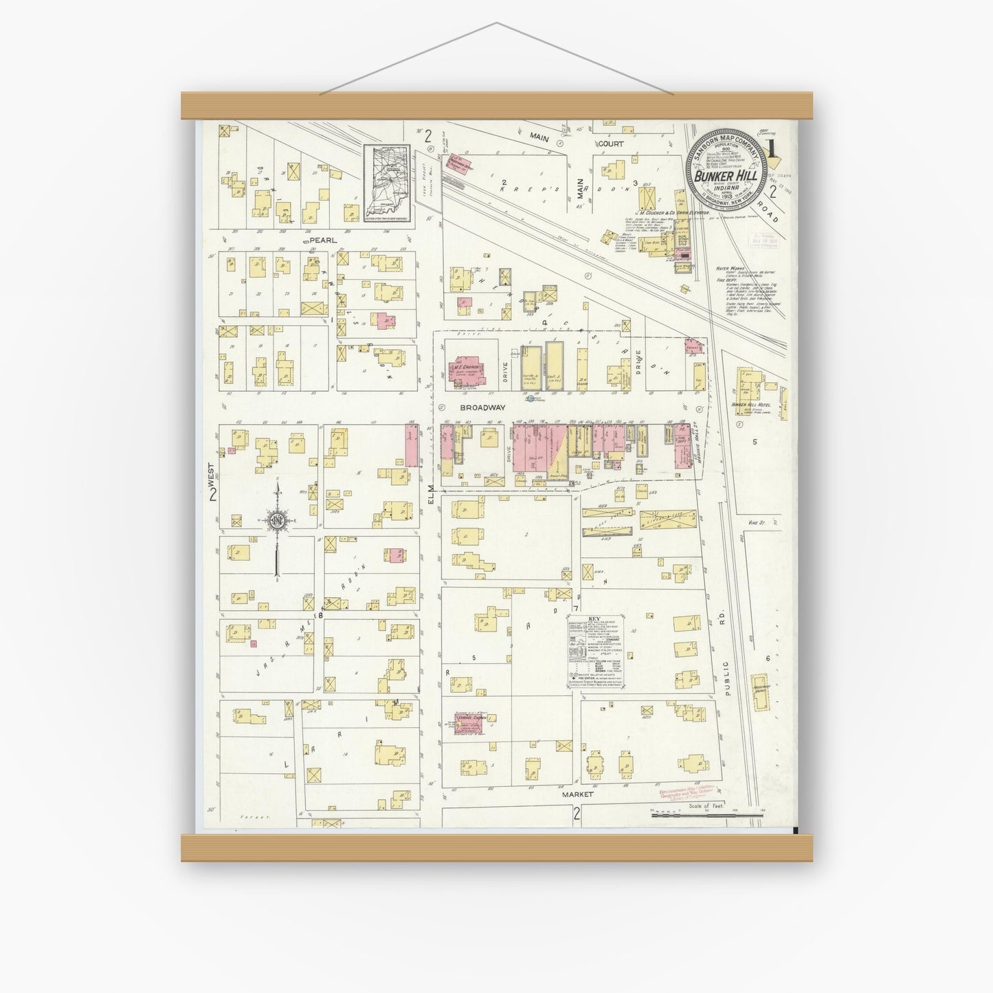 Old map wall art mockup — magnetic wood frame on white wall — Sanborn Fire Insurance Map from Bunker Hill, Miami County, Indiana (1913), Sheet #0001