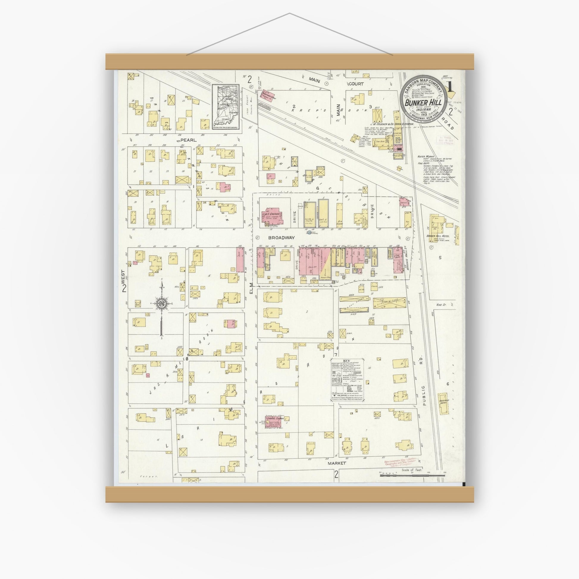 Old map wall art mockup — magnetic wood frame on white wall — Sanborn Fire Insurance Map from Bunker Hill, Miami County, Indiana (1913), Sheet #0001