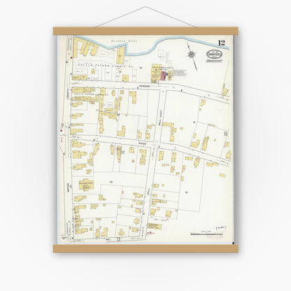 Old map wall art mockup — magnetic wood frame on white wall — Sanborn Fire Insurance Map from Danvers, Essex County, Massachusetts (1916), Sheet #0012