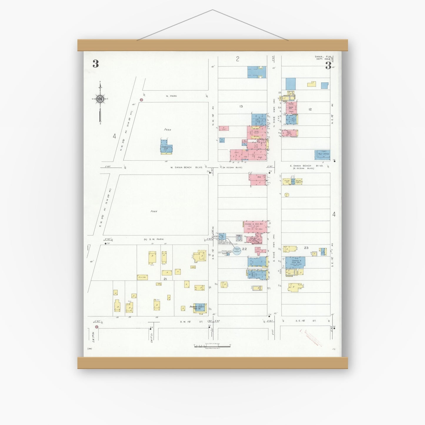Old map wall art mockup — magnetic wood frame on white wall — Sanborn Fire Insurance Map from Dania, Broward County, Florida (1934), Sheet #0003