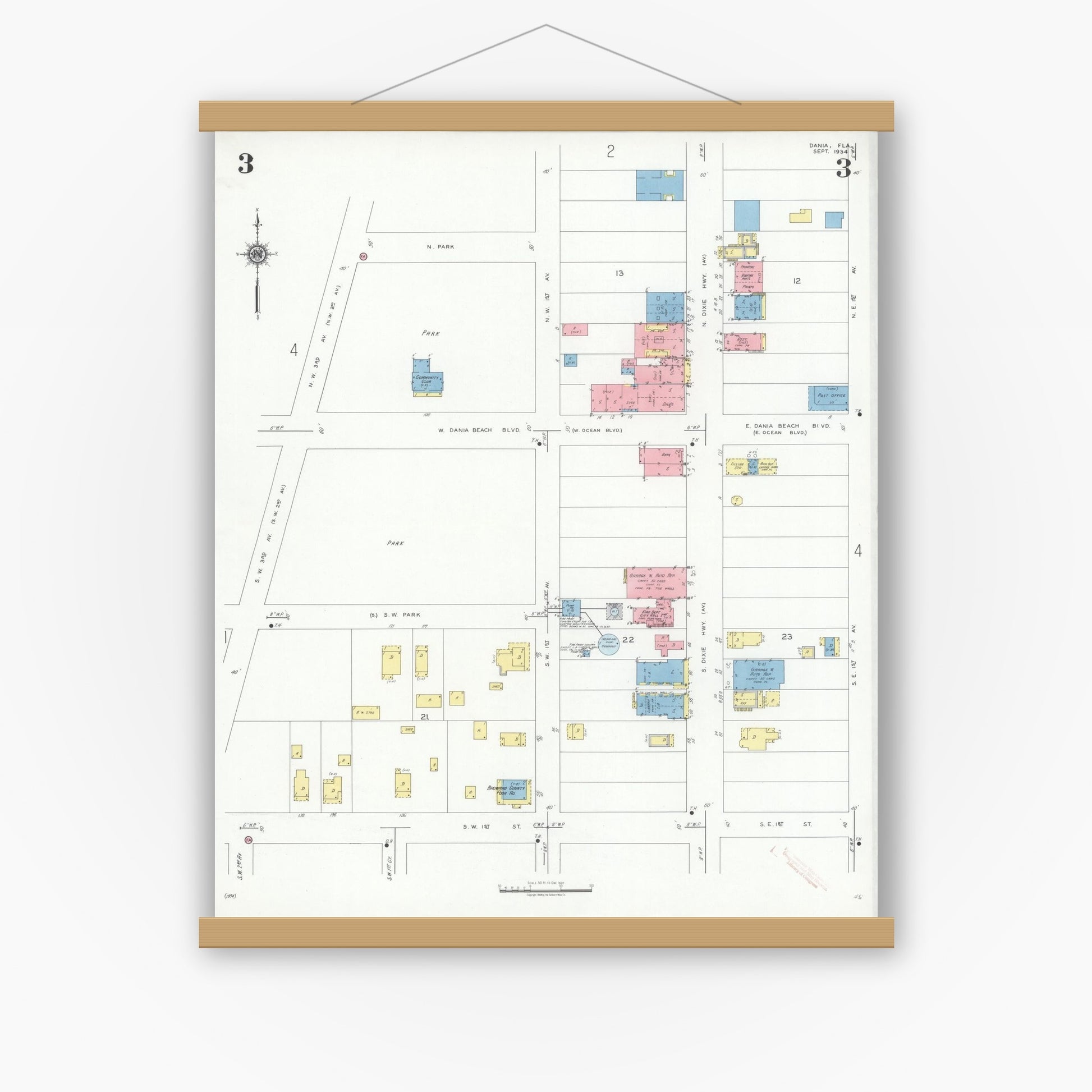 Old map wall art mockup — magnetic wood frame on white wall — Sanborn Fire Insurance Map from Dania, Broward County, Florida (1934), Sheet #0003