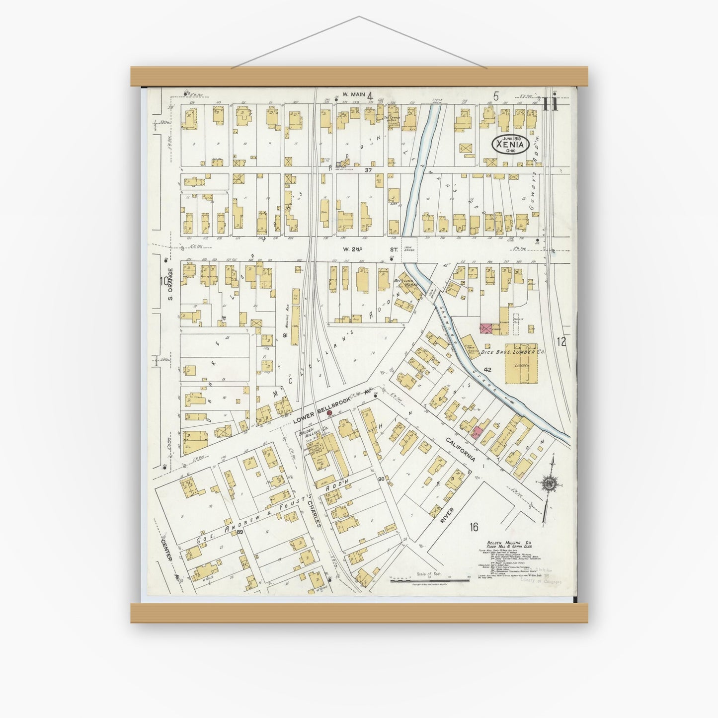 Old map wall art mockup — magnetic wood frame on white wall — Sanborn Fire Insurance Map from Xenia, Greene County, Ohio (1919), Sheet #0011