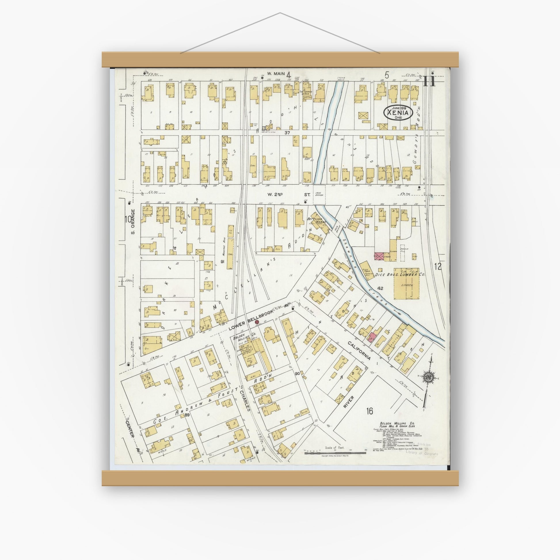 Old map wall art mockup — magnetic wood frame on white wall — Sanborn Fire Insurance Map from Xenia, Greene County, Ohio (1919), Sheet #0011