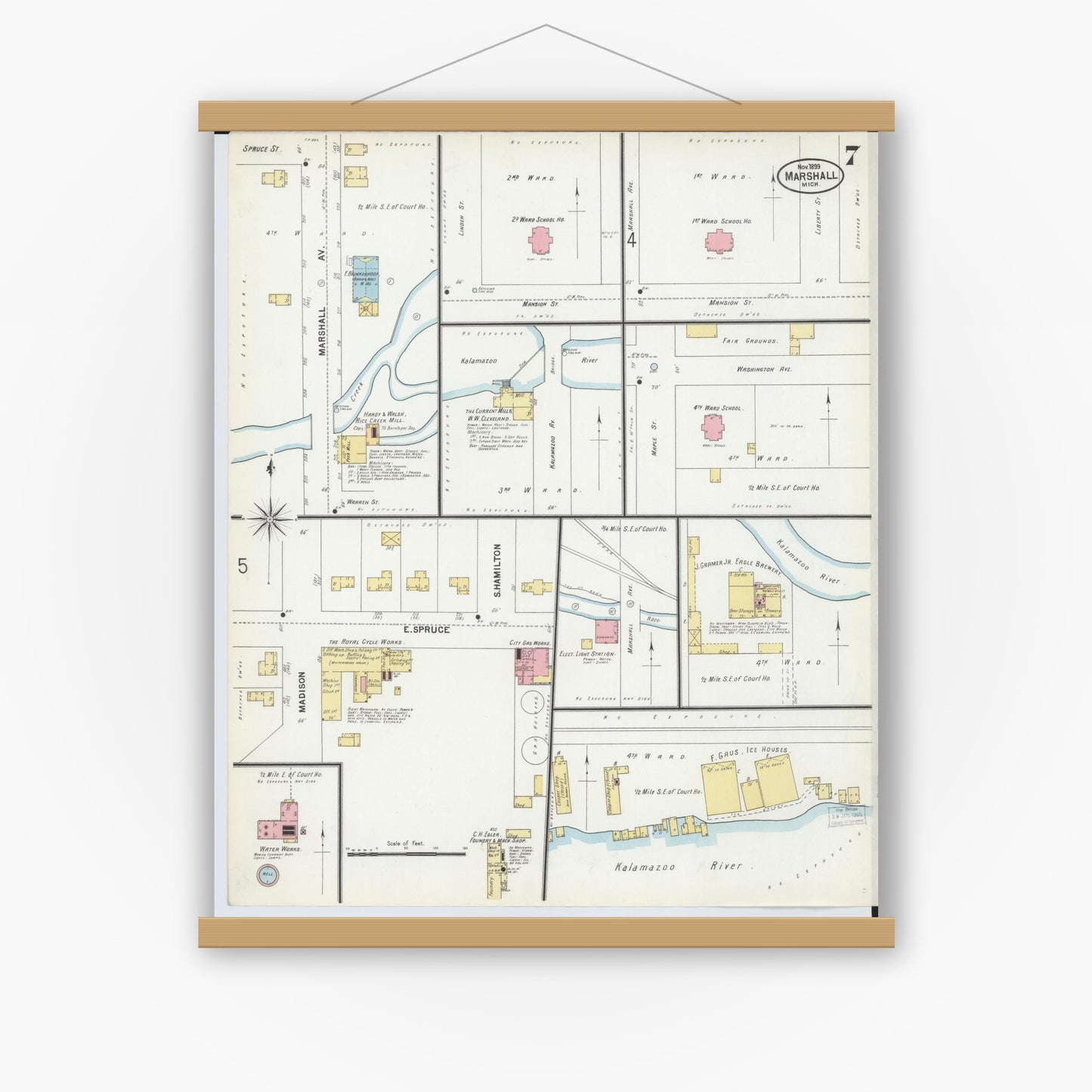 Old map wall art mockup — magnetic wood frame on white wall — Sanborn Fire Insurance Map from Marshall, Calhoun County, Michigan (1899), Sheet #0007