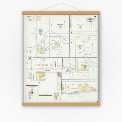 Old map wall art mockup — magnetic wood frame on white wall — Sanborn Fire Insurance Map from Marshall, Calhoun County, Michigan (1899), Sheet #0007