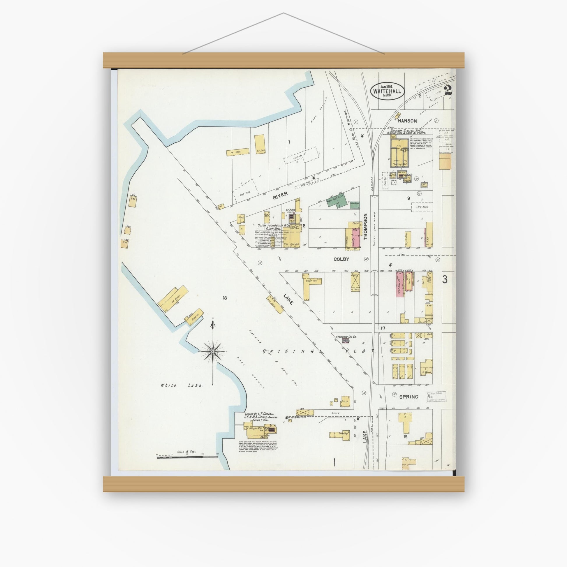 Old map wall art mockup — magnetic wood frame on white wall — Sanborn Fire Insurance Map from Whitehall, Muskegon County, Michigan (1902), Sheet #0002