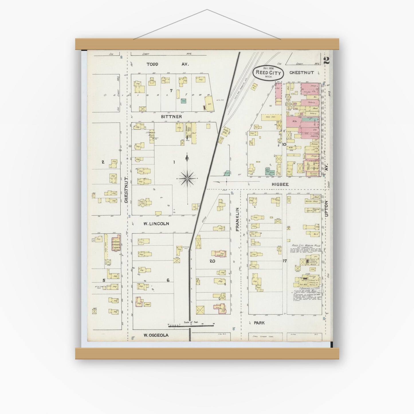 Old map wall art mockup — magnetic wood frame on white wall — Sanborn Fire Insurance Map from Reed City, Osceola County, Michigan (1890), Sheet #0002