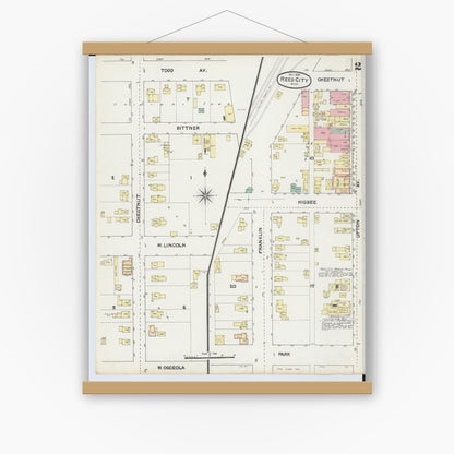 Old map wall art mockup — magnetic wood frame on white wall — Sanborn Fire Insurance Map from Reed City, Osceola County, Michigan (1890), Sheet #0002