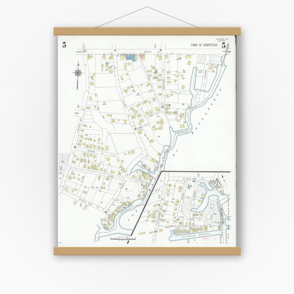 Old map wall art mockup — magnetic wood frame on white wall — Sanborn Fire Insurance Map from Seaford, Nassau County, New York (1947), Sheet #0005