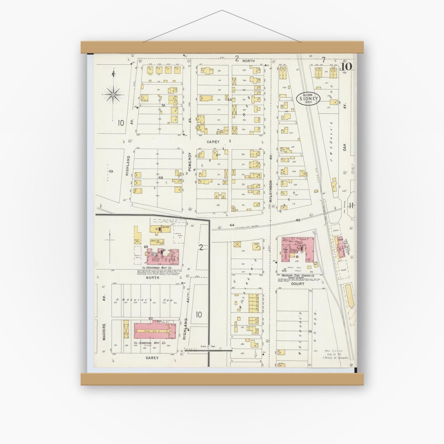 Old map wall art mockup — magnetic wood frame on white wall — Sanborn Fire Insurance Map from Sidney, Shelby County, Ohio (1898), Sheet #0010