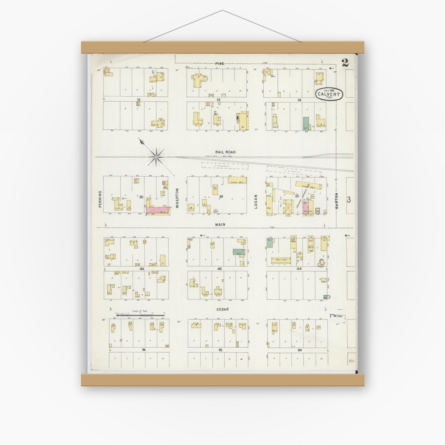 Old map wall art mockup — magnetic wood frame on white wall — Sanborn Fire Insurance Map from Calvert, Robertson County, Texas (1896), Sheet #0002
